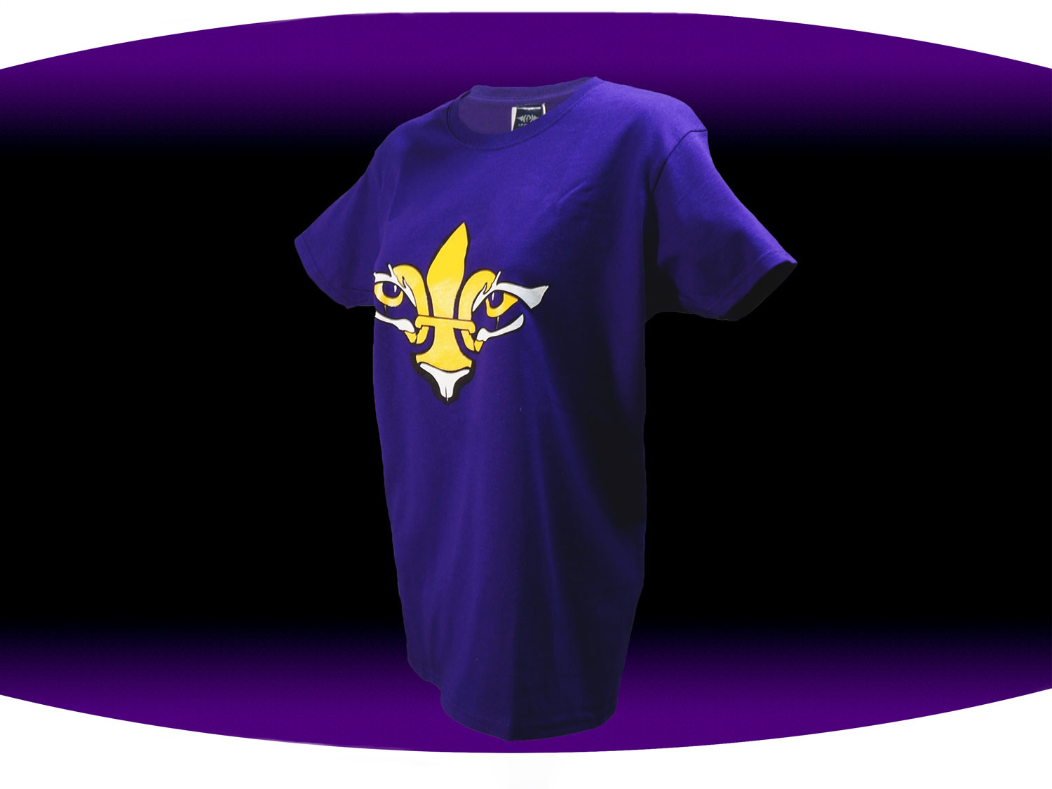 Purple screenprinted  LSU female fitted t-shirt with a gold and white fleur de lis with tiger eyes on the chest